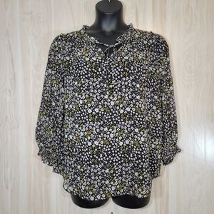 LOFT Black Floral Patterned Long Sleeve Blouse Sz Lg